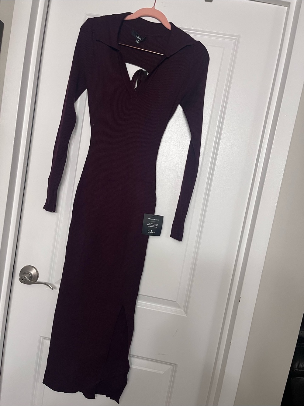 Lulu's Deep Plum Ribbed Long-Sleeve Maxi Dress with V-Neck Tie
